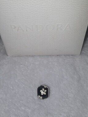 Pandora Black Glass Charm with Silver Flower Accents